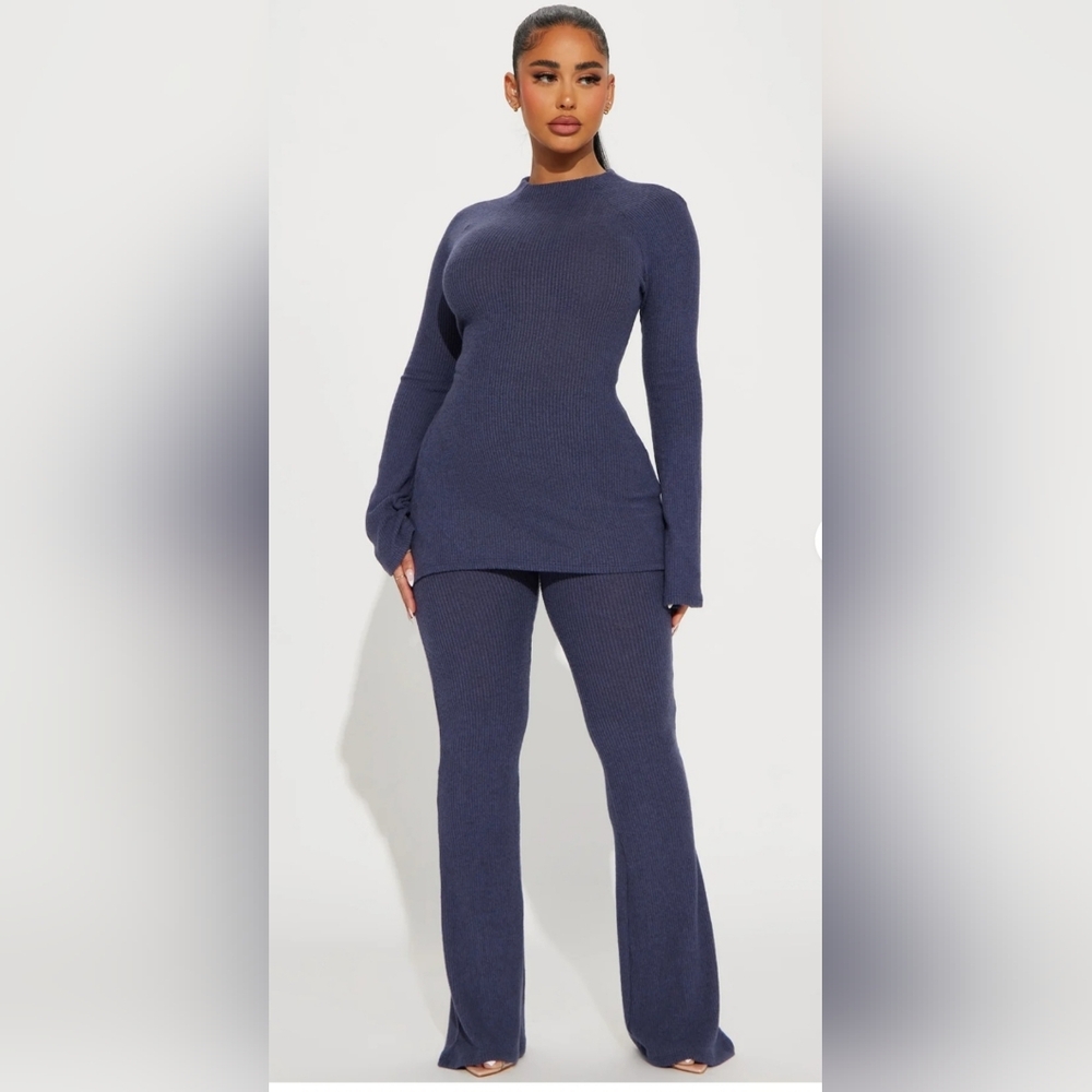 NWT | Fashion Nova | Clarissa "Off-Duty" Cozy Lounge Set Blue M Wide Leg Pant